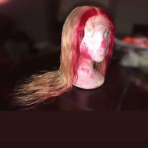 18’ Human Hair Wig Blonde W/ Red frontal Streaks